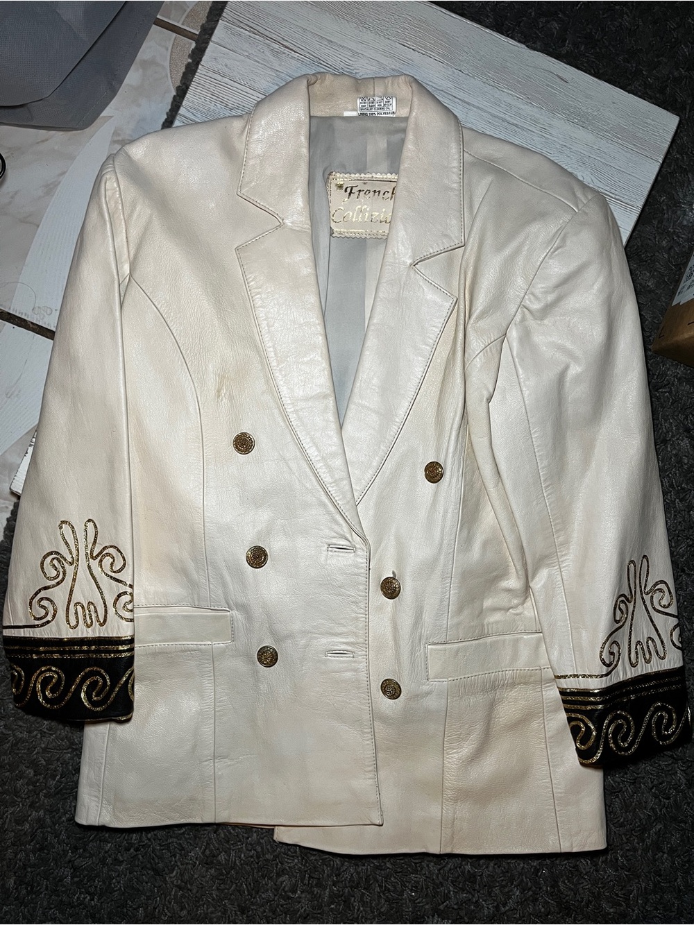 VINTAGE Cream 100% Real Leather Blazer Jacket With Sleeve Details